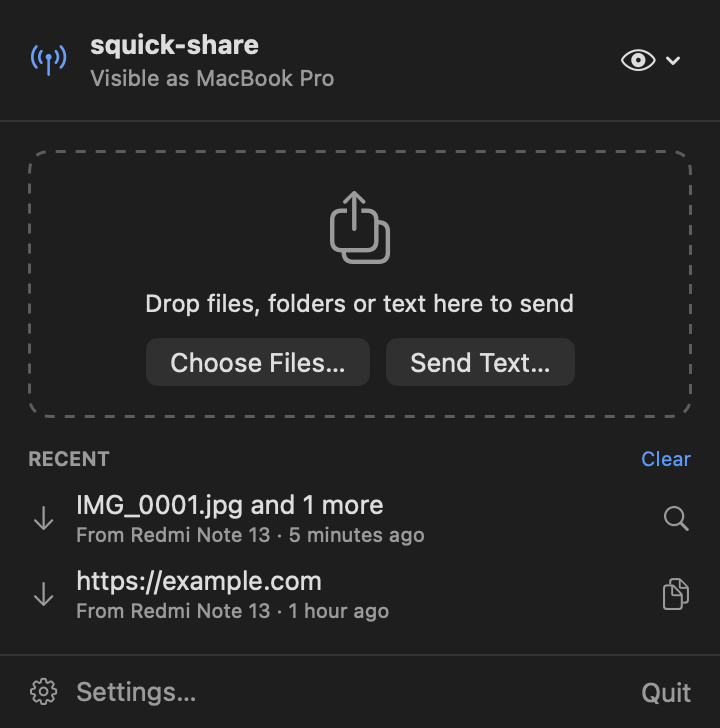 Menu bar window, dark mode