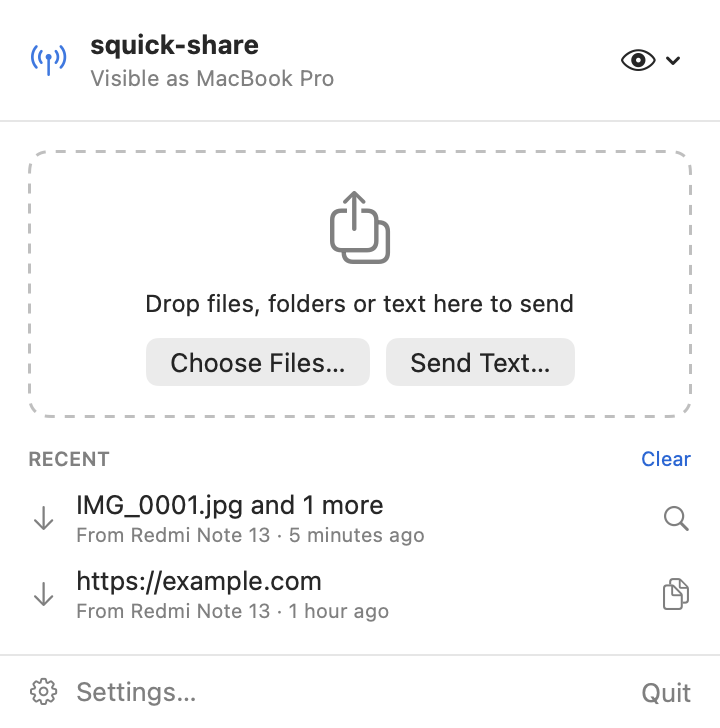 The squick-share menu bar window