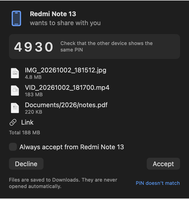 An incoming transfer with its PIN, in dark mode