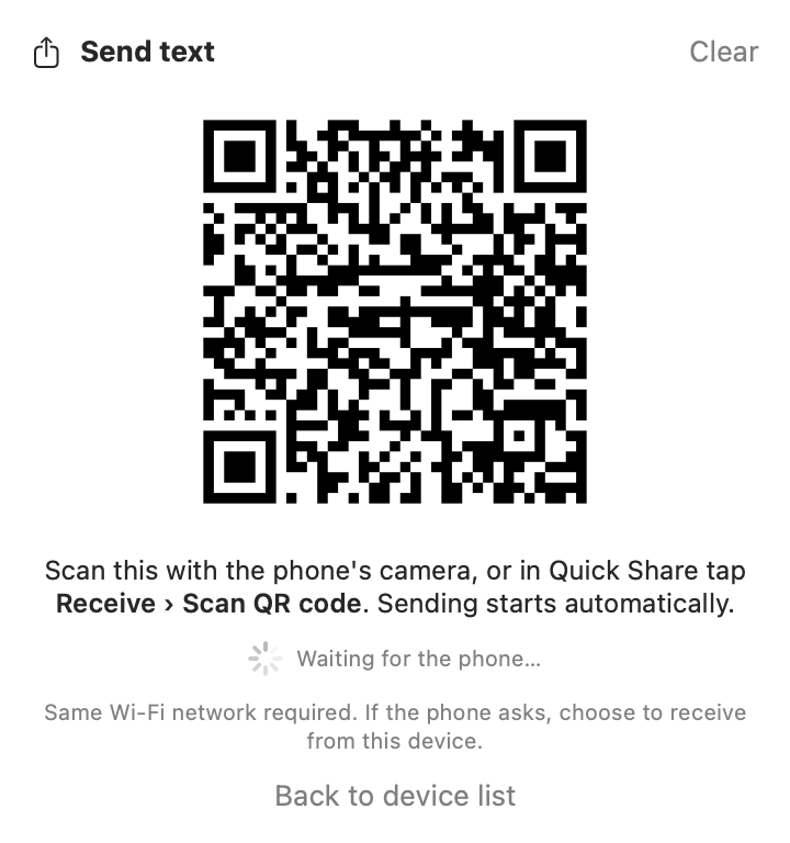 Send panel with QR code