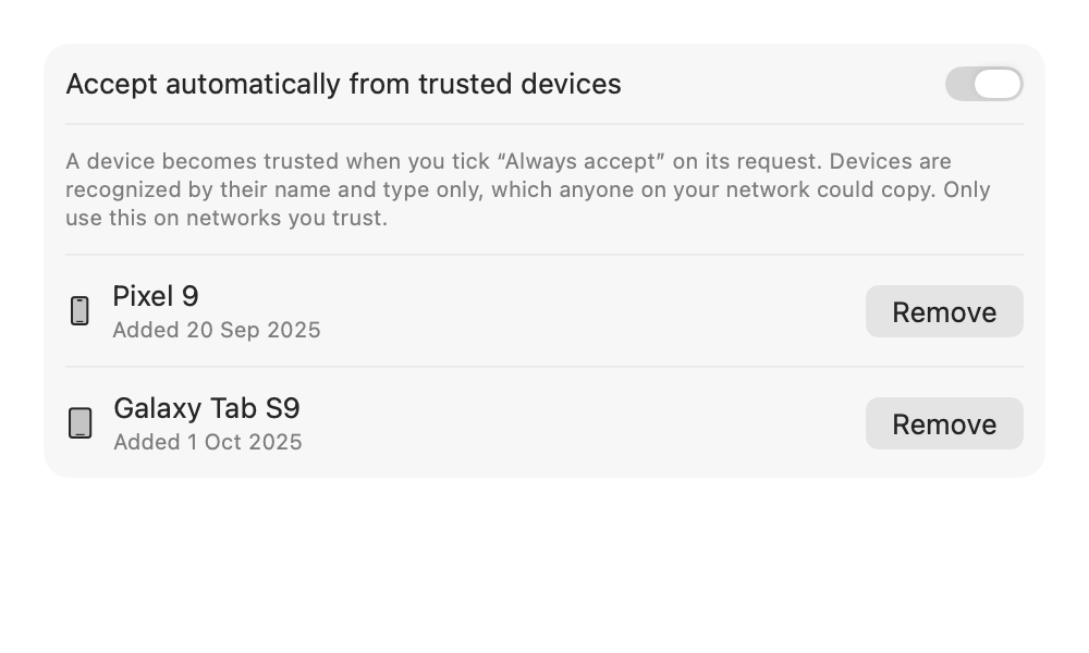 Trusted devices settings